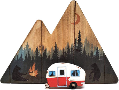 (; Brown; Items 1.5 x 8.5 x 6 inches)(Item #97) Mountain and Pine Trees Wall Plaque with Camper Hook, Wood, 8.5-inches (Camper)