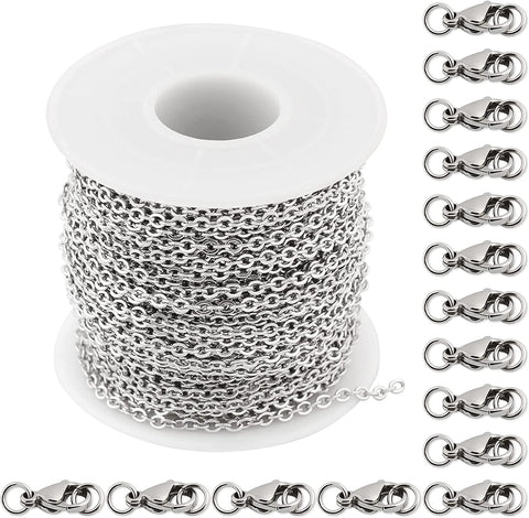 65 Feet Silver Stainless Steel Chains for Jewelry Making with 40 Sets Lobster Clasps Link Jump Rings Easy Making Chain Necklace for Men Wome