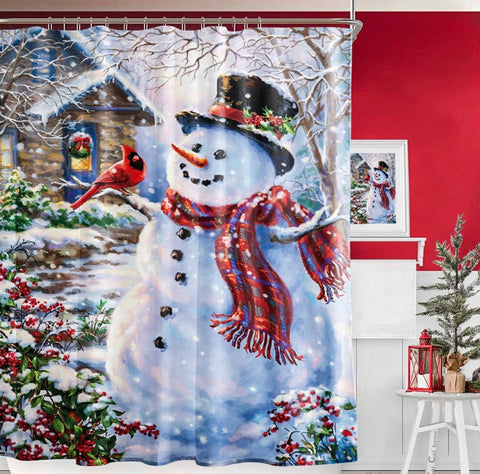 (66x72inch) Happy Snowman Shower Curtain Cardinals Winter Holiday Merry Christmas Waterproof Bathroom Fabric with 12 Hooks