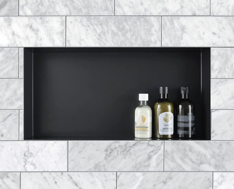 (6”, Black) Bernkot Stainless Steel Shower Niche Matte Black No Tile Needed Niche Shower Recessed Shower Shelf Rimless for Bathroom Storage