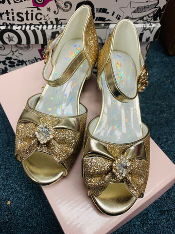 (; Gold; Size: 1)(Item #6) Furdeour Girls Sandals Glittler Bow Dress Shoes Princess Crystal High Heels Party Wedding Flower Girls Shoes for