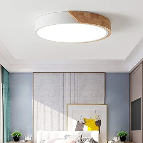 (Item #555) (;;) Jinzhuo Modern 15.7 Inch White LED Drum Shaped Wood 1-Light Flush Mount Remote Control Dimmable Ceiling Light Fixture, Metal Acrylic
