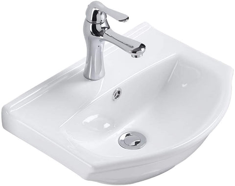 (Item #14) Renovators Supply Tahoe Small Wall Mounted Bathroom Sink 17.75 Inches White Ceramic Arc Basin Gloss Porcelain Floating Wall Hung