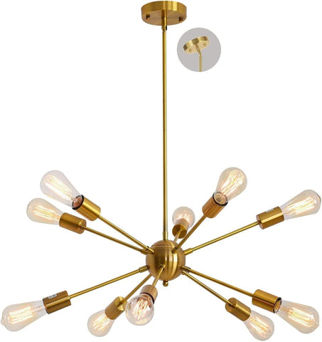 (Item #288) (;;) Gold Sputnik Chandelier 10 Light Brushed Brass Pendant Lighting Mid Century Modern Ceiling Lighting Fixture for Dining Room Kitc