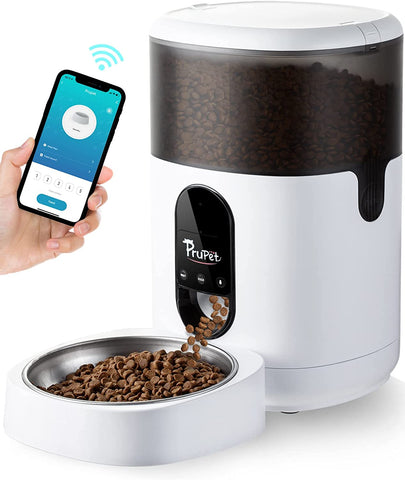(; Black & White; Item 7.5 x 7.5 x 12 inches)(Item #10) Prupet Automatic Cat Feeders, Timed Pet Food Dispenser with Stainless Steel Bowl, Wi