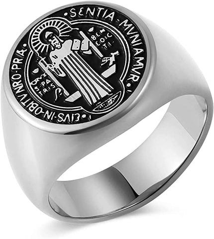 (Item #106) (;;) HZMAN Men Saint Benedict Exorcism Ring Stainless Steel Catholic Demon Protection Ghost Hunter Jewelry