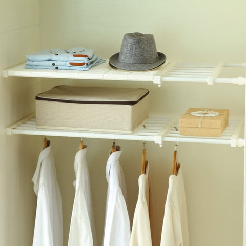 (; White; Size: _(Length:13"-20.9", Width:11.8"))(Item #6) HyFanStr Adjustable Storage Rack Expandable Separator Shelf for Wardrobe, Cupboar
