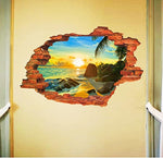 (Item #842) (;;) BIBITIME 3D Broken Wall Art Decal Stickers Sunset Sea Reef Beach Coconut Palm Tree Seascape Vinyl Decor for Bedroom Nursery Kids Room