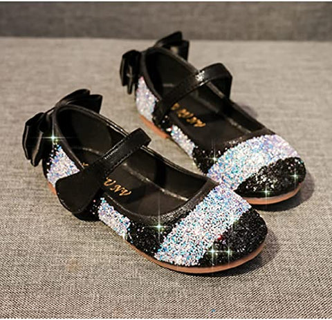 (; Black Stripes; Size: 2.5)(Item #7) Rainbow Sequin Bow Girls Shoes Soft Velcro Flat Single Shoes