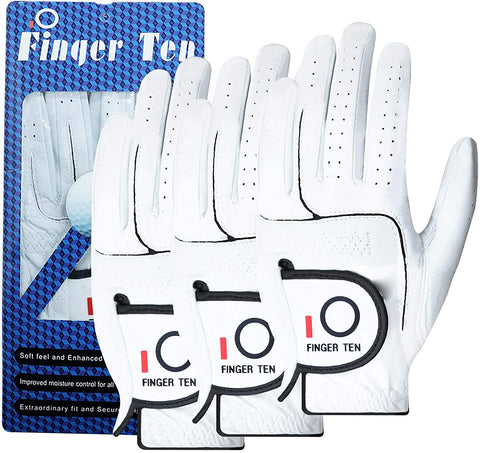 FINGER TEN Mens All Premium Soft Cabretta Leather Tour Fit Grip Left Hand Lh Right Hand Rh with Cadet Size Golf Gloves Value 3 Pack Size fro