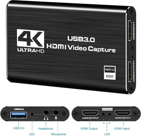 (; Black; 6.3 x 4.37 x 2.05in)(Item #8) Audio Video Capture Card,4K HDMI USB 3.0 Capture Adapter Video Converter 1080P 60fps