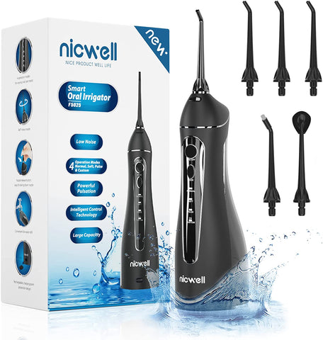 (USED; BLACK; Package _ 8.11 x 4.02 x 2.8 inche)(Item #411) Water Dental Flosser Cordless for Teeth - Nicwell 4 Modes Dental Oral Irrigator,