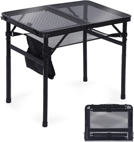 (No box; Black; Product 15.8"D x 23.7"W x 22.3"H)(Item #18) WGOS Folding Table Adjustable Heights Camping Table with Mesh Bag & Cup Holders