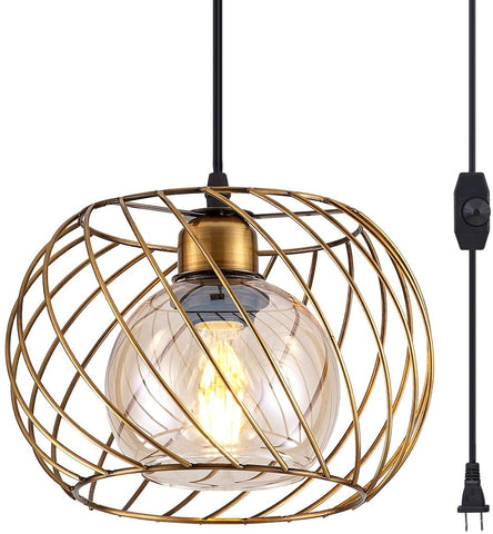 (; Brown; Package 9.65 x 9.65 x 7.99 inches)(Item #18) YLONG-ZS Hanging Lamps Swag Lights Plug in Pendant Light with On/Off Switch Wire Cage