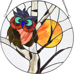 (Item #63) Bieye W10062 Sunset Owl on Branches Tiffany Style Stained Glass Window Panel with Chain, Round Shape, 16-inch Wide(4.65;;16 x 1 x 16 i