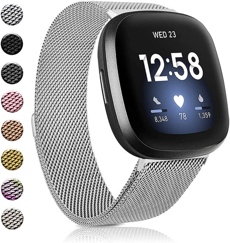 Amzpas Bands Compatible with Fitbit Versa 3 Fitbit Sense, Breathable Stainless Steel Loop Mesh Magnetic Adjustable Wristband for Fitbit Vers