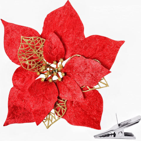 (Item #185)  15 Pieces Red Poinsettia Christmas Tree Decorations with 15 Clips,Glitter Poinsettia Christmas Tree Ornaments Silk Christ