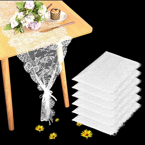 (Item #1077) (;;) 6 Pack Lace Table Runner 14x120 Inch Classic White Wedding Lace Tablecloth Lace Overlay White Classy for Rustic Boho Weddi