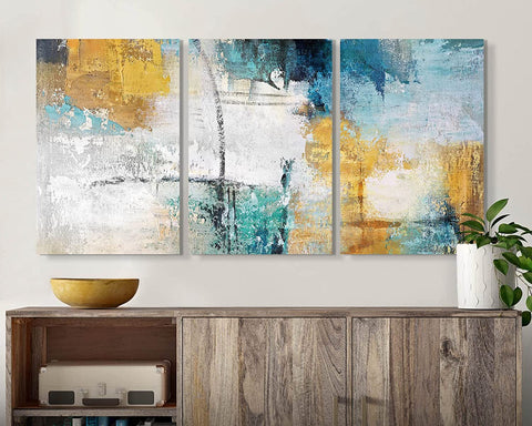 (; Abstract Teal Blue; Size;  overall 48''W x 24''H)(Item #31) RAMEER Teal Blue Mustard Canvas Wall Art for Living Room Large Size 3 Piece M