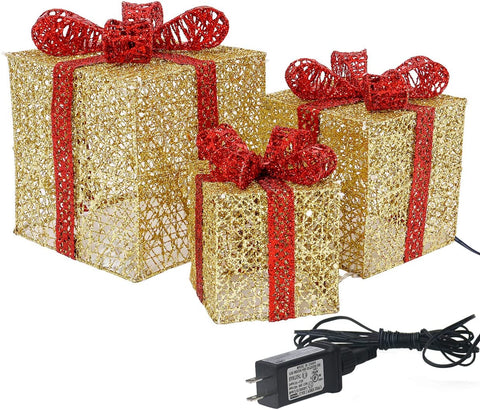 (Item #875) Set of 3 Christmas Lighted Gift Boxes with Plug for Christmas Decor