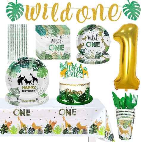 (Item #279) (132 pcs/set;;) NAIWOXI Wild One Birthday Decorations - Jungle Theme Party Supplies, Including Plates, Napkins, Cutlery, Cups, B