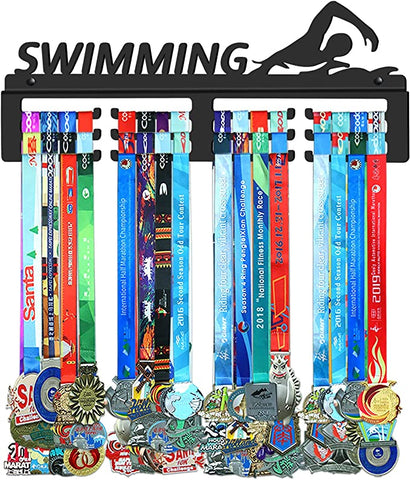 (Item #99) Swimming Medals Holder Display Hanger Rack Frame,Black Sturdy Steel Metal,Easy to Install Wall Mounted Over 50 Medals(;;)