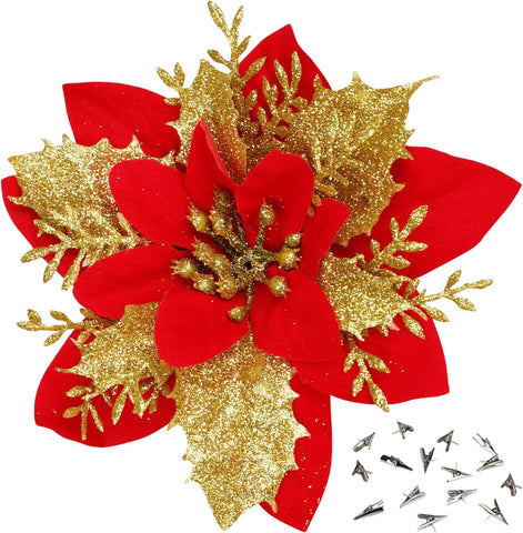 (Item #215) (no clips) 15 Pcs Red Gold Poinsettia Artificial Flowers Glitter Artificial Christmas Flowers Decorations with Clips for Xmas Tr