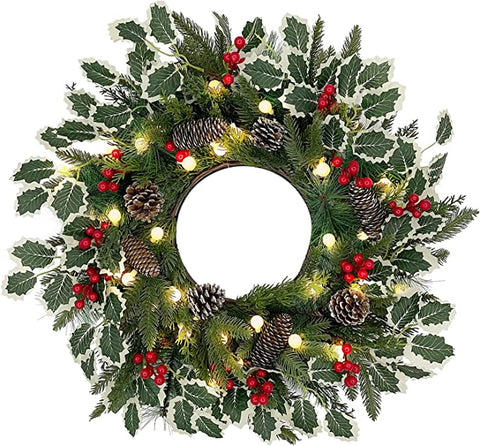 (Item #760) (;;) Christmas Wreath - 22 Inch Outdoor Christmas Wreath with 30 Lights, Original Design, Many Pinecone Berries, Several Ornaments and a G