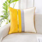 (; Yellow; Size: 18 x 18-Inch)(Item #130) PANOD Patchwork Yellow Silk-Like Velvet Throw Pillow Cover with Gold Striped Leather Cushion Case