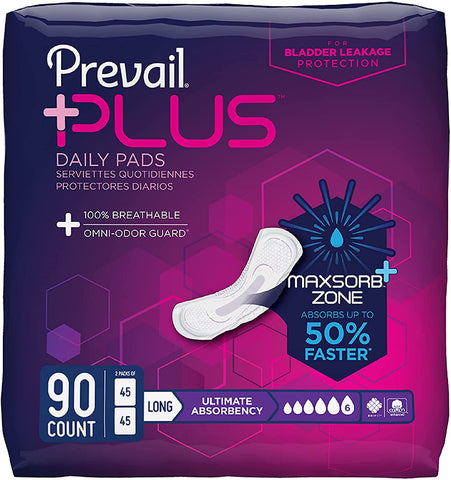 (; Purple; Product 13.57 x 9.57 x 14.14 inches)(Item #1) Prevail Proven Long Incontinence Bladder Control Pads , Ultimate Absorbency - 90ct