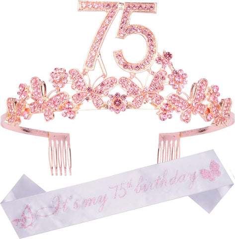 (; pink; Package 6.46 x 5.31 x 2.64 inches)(Item #444) 75th Birthday Gifts for Women, 75th Birthday Tiara and Sash, ItÃ•s My 75th Birthday Sa