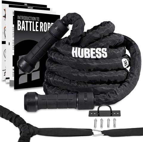 (; Black; Item Package _15.6 x 11.3 x 10.9 inches)(Item #14) Hubess Battle Ropes with Anchor Strap and Wall Mount | Premium Non-Slip Handle