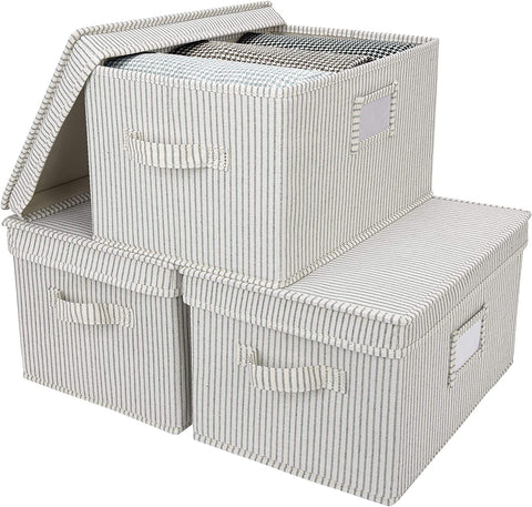 (Item #295) StorageWorks Storage Bins With Lids And Handles, Canvas Storage Basket, Gray and White Stripes, Large, 3-Pack(5.7772;;)