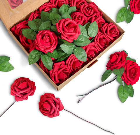 (; Dark Red Roses; Product 9.1"D x 10.5"W x 4.5"H)(Item #3) BeautifulLife 50pcs Artificial Flowers Dark Red Roses - Real Looking Fake Flower