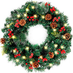 (Item #6) FUNARTY Christmas Wreath 50 LED Lights 22 Inches with Red Berries and Pinecones for Front Door Decoration Winter Xmas Indoor Outdo