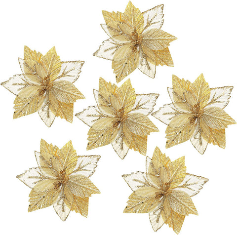 (Item #216) FUNARTY 14 Pack Gold Poinsettia Christmas Poinsettias Artificial Christmas Tree Flowers Ornaments Glitter Decor for Wreaths Garl