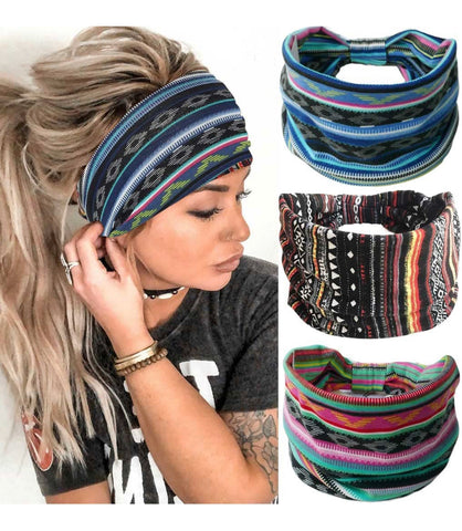 Boho Headbands Blue Stretch Wide Head Bands Knotted Turban Head Wraps Floral Elastic Headband Fashion Sweatband Head Scarfs for Women and Girls Pack of 3