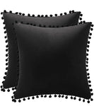 (Repackaged, New) Decorative Pillow Covers 12x12 Black: 2 Pack Cozy Soft Pom-poms Velvet Square Throw Pillow Cases for Farmhouse Home Decor