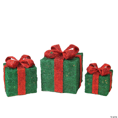 (Item #771) (SIMILAR ITEM;;) Northlight - Set of 3 Green and Red Pre-lit Sisal Gift Boxes with Bows Outdoor Christmas Decor 10"